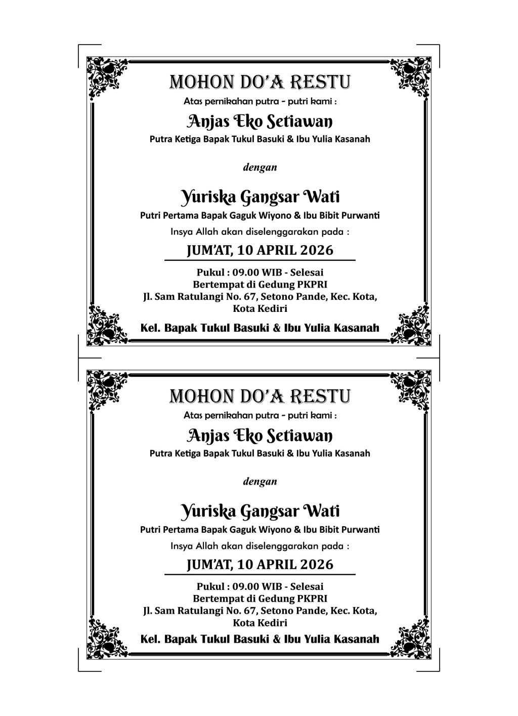 Contoh Undangan Tonjokan &&nbsp;Walimahan